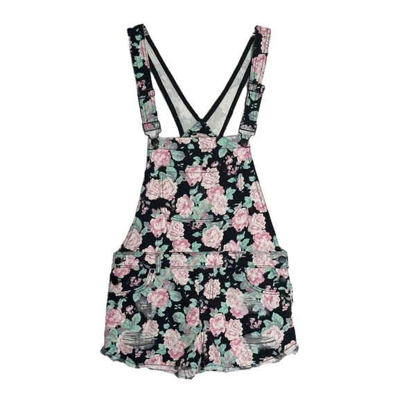 Forever 21 Rose Floral Print Distressed Premium Denim Overalls Size 27 - Picture 1 of 8